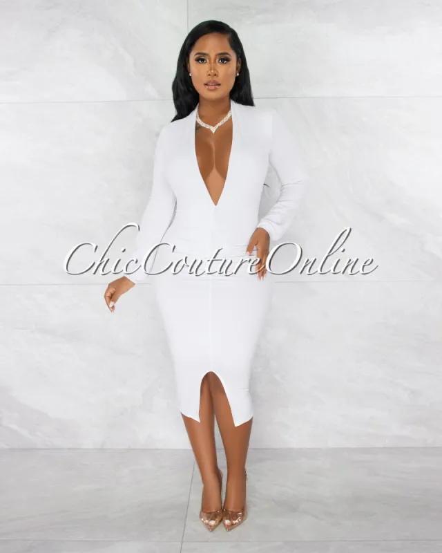*Dager White Deep-V Draped Front Slit Midi Dress sold by chic