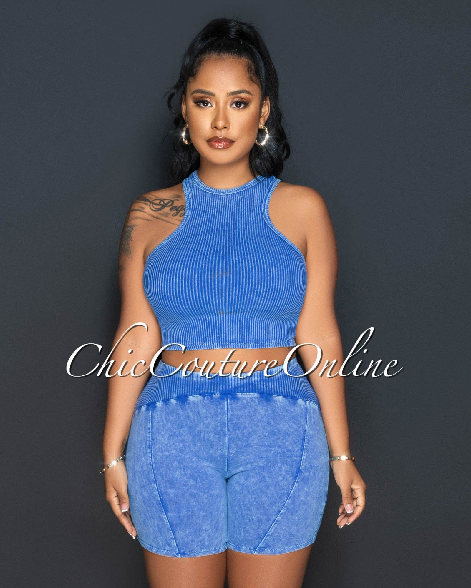 Ryanna Blue Ribbed Crop Top & Shorts Set sold by Chic Couture product image thumbnail 3