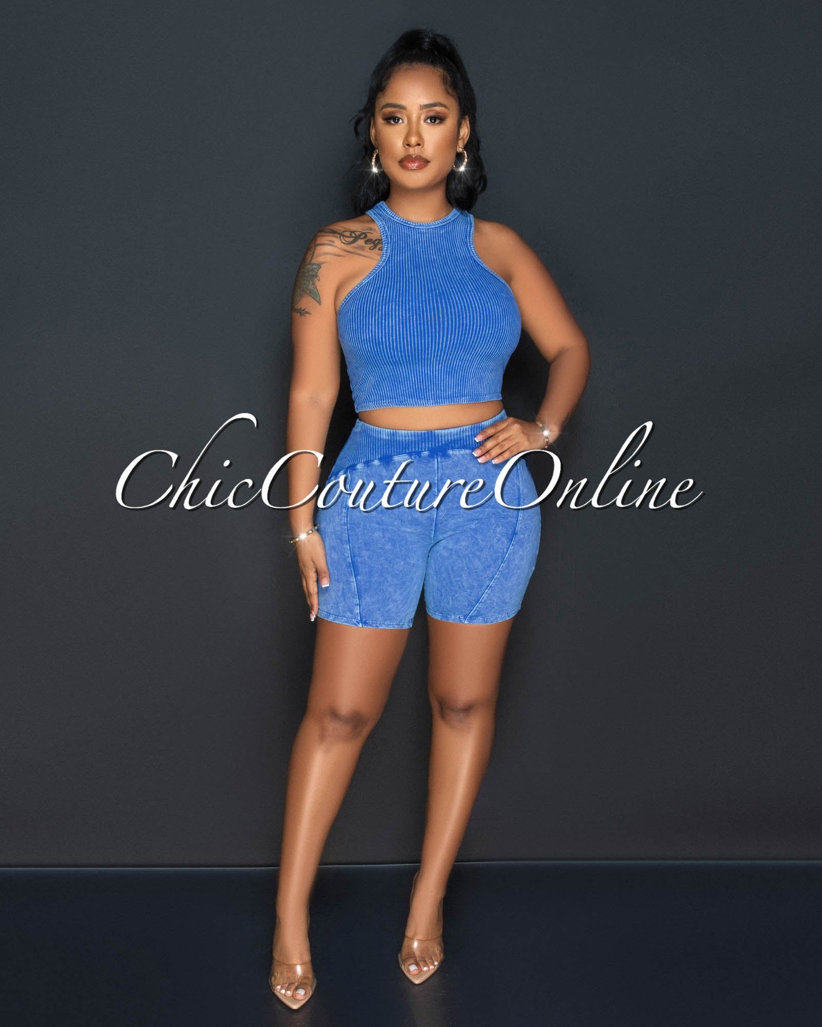Ryanna Blue Ribbed Crop Top & Shorts Set sold by Chic Couture