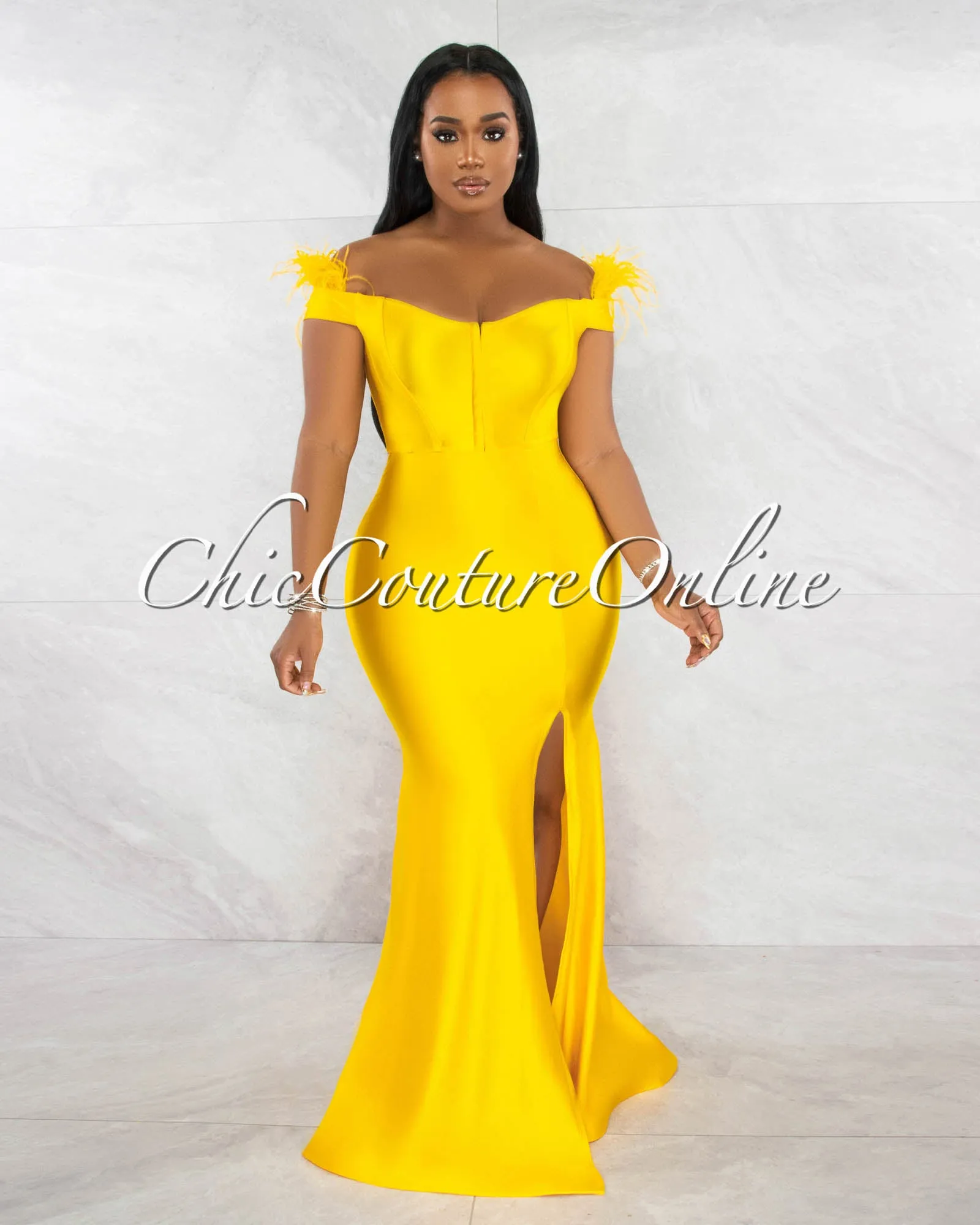 *Leena Mustard Feather Sleeves Side Slit Mermaid Maxi Dress sold by Chic Couture product image thumbnail 2