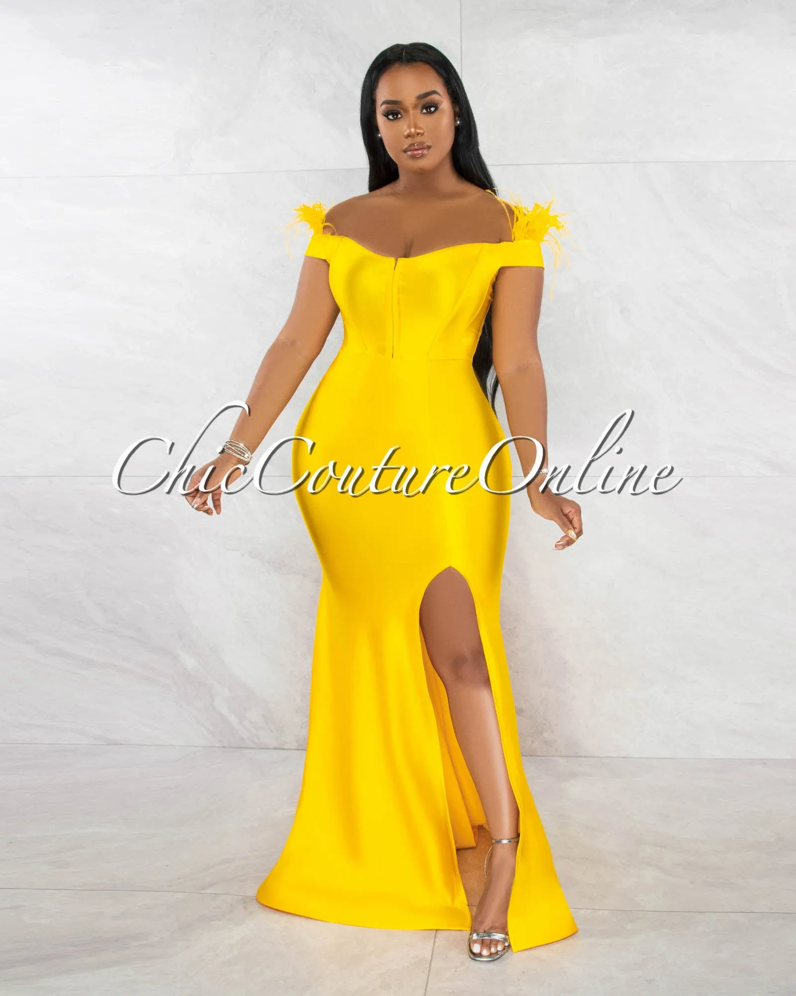 *Leena Mustard Feather Sleeves Side Slit Mermaid Maxi Dress sold by Chic Couture