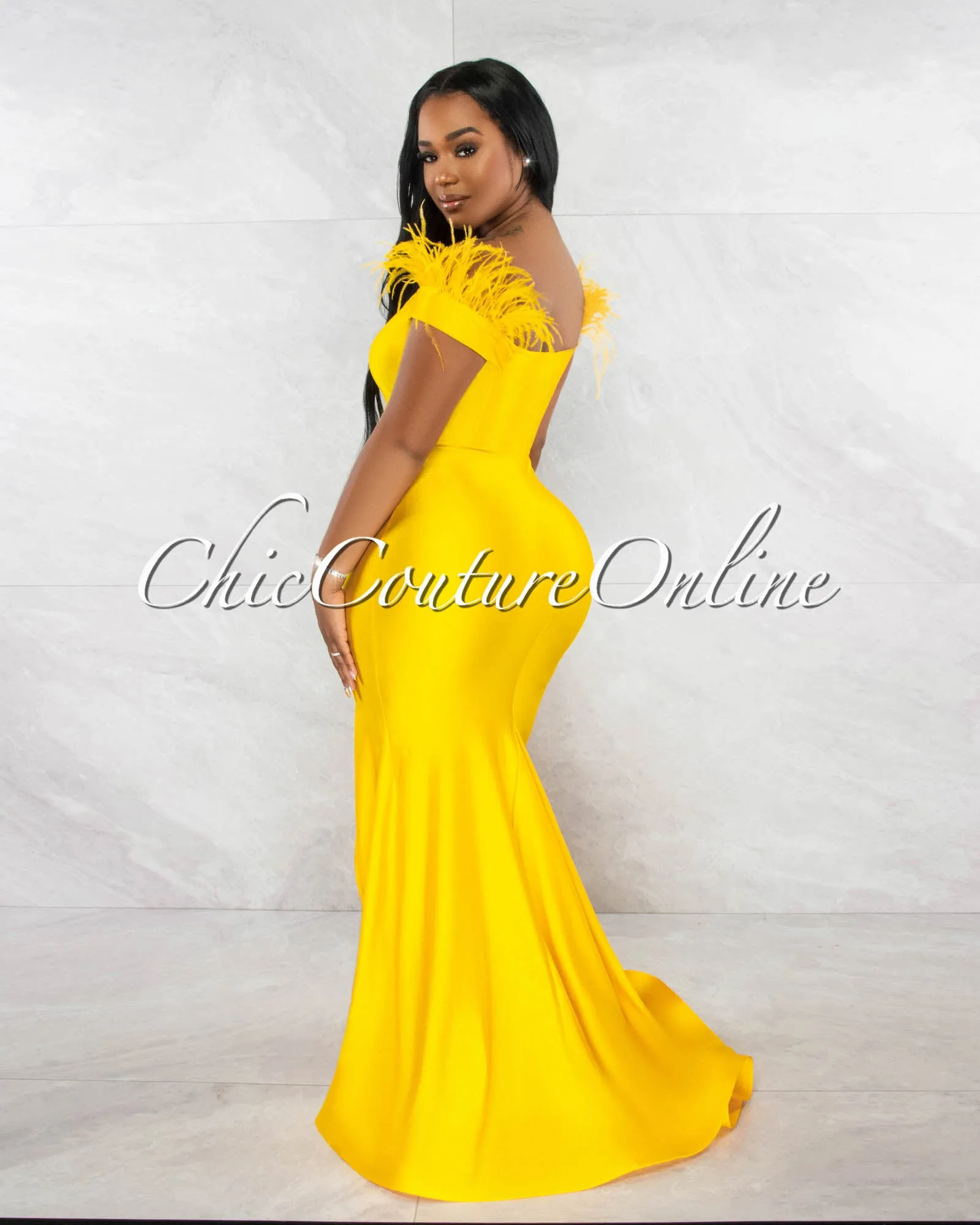 *Leena Mustard Feather Sleeves Side Slit Mermaid Maxi Dress sold by Chic Couture product image thumbnail 3