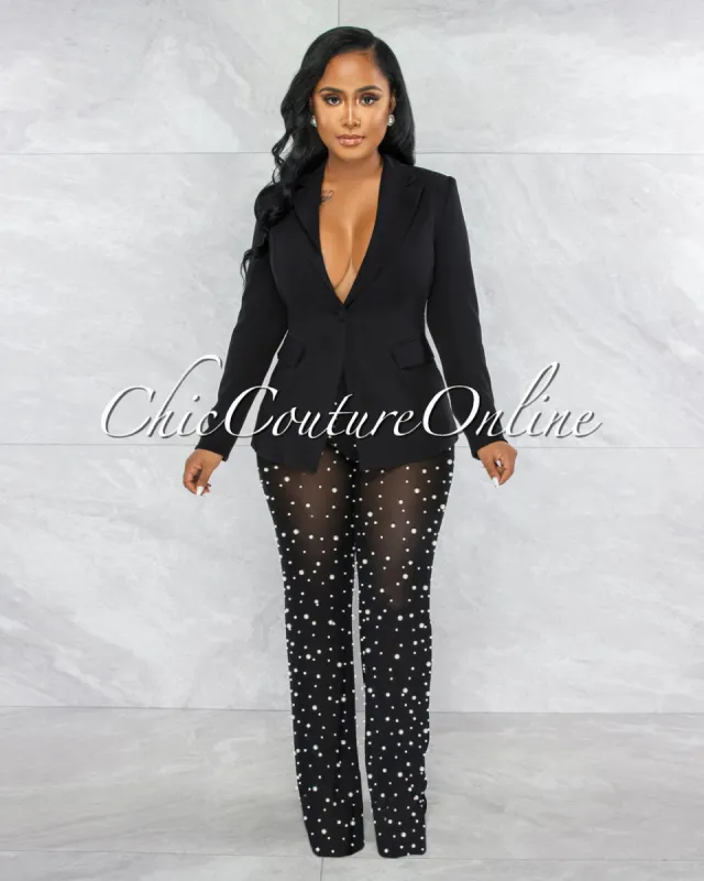 *Alicia Black Blazer & Mesh Pearl Pants Set sold by Chic Couture