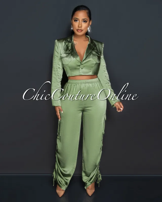 *Vonetta Olive Green Crop Blazer & Cargo Pants Silky Set sold by Chic Couture