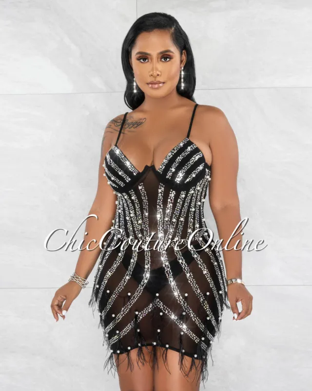 *Capital Black Rhinestones Pearls & Feathers Mesh Sheer Mini Dress sold by Chic Couture