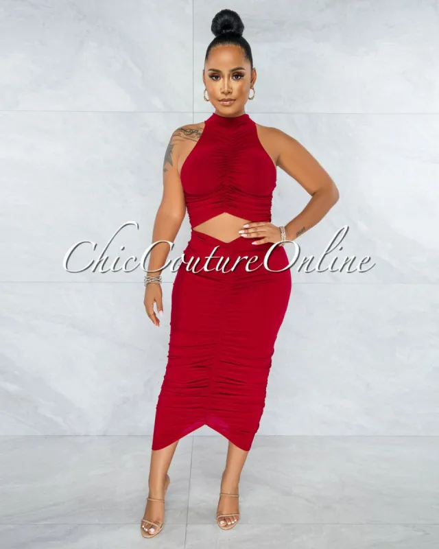 Monisha Red Ruched Crop Top & Midi Skirt Set sold by chic