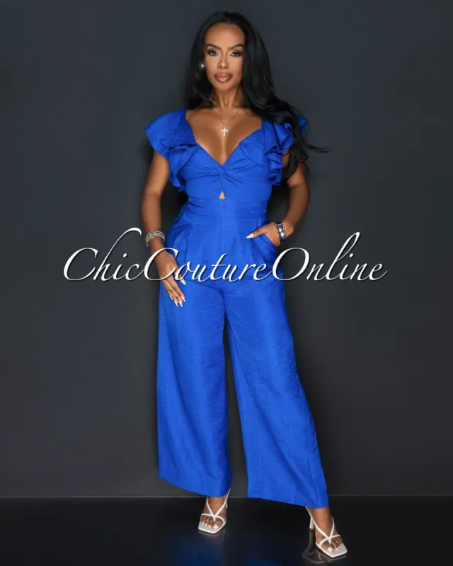 *Alena Blue Ruffle Sleeves Wide Legs Jumpsuit sold by Chic Couture