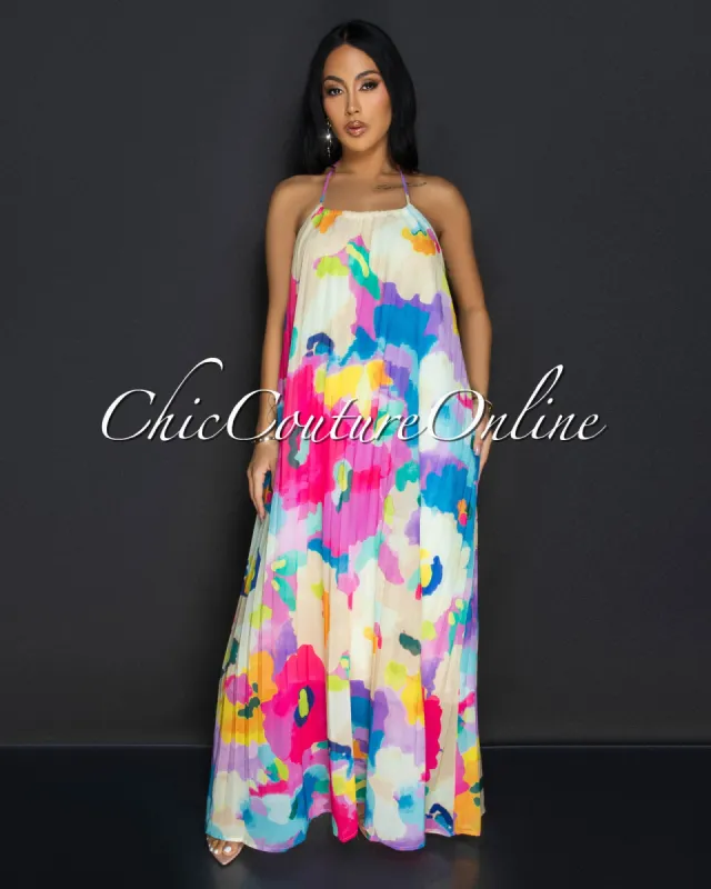 Kini Multi-Color Floral Print Halter Maxi Dress sold by Chic Couture