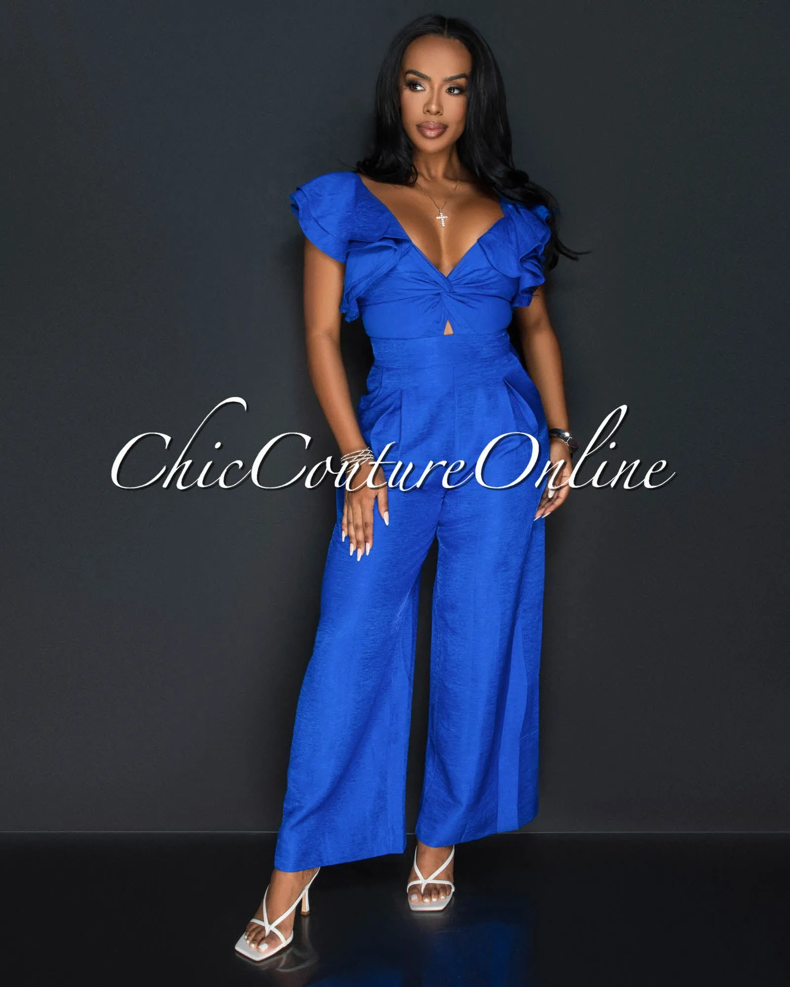 *Alena Blue Ruffle Sleeves Wide Legs Jumpsuit sold by Chic Couture product image thumbnail 2