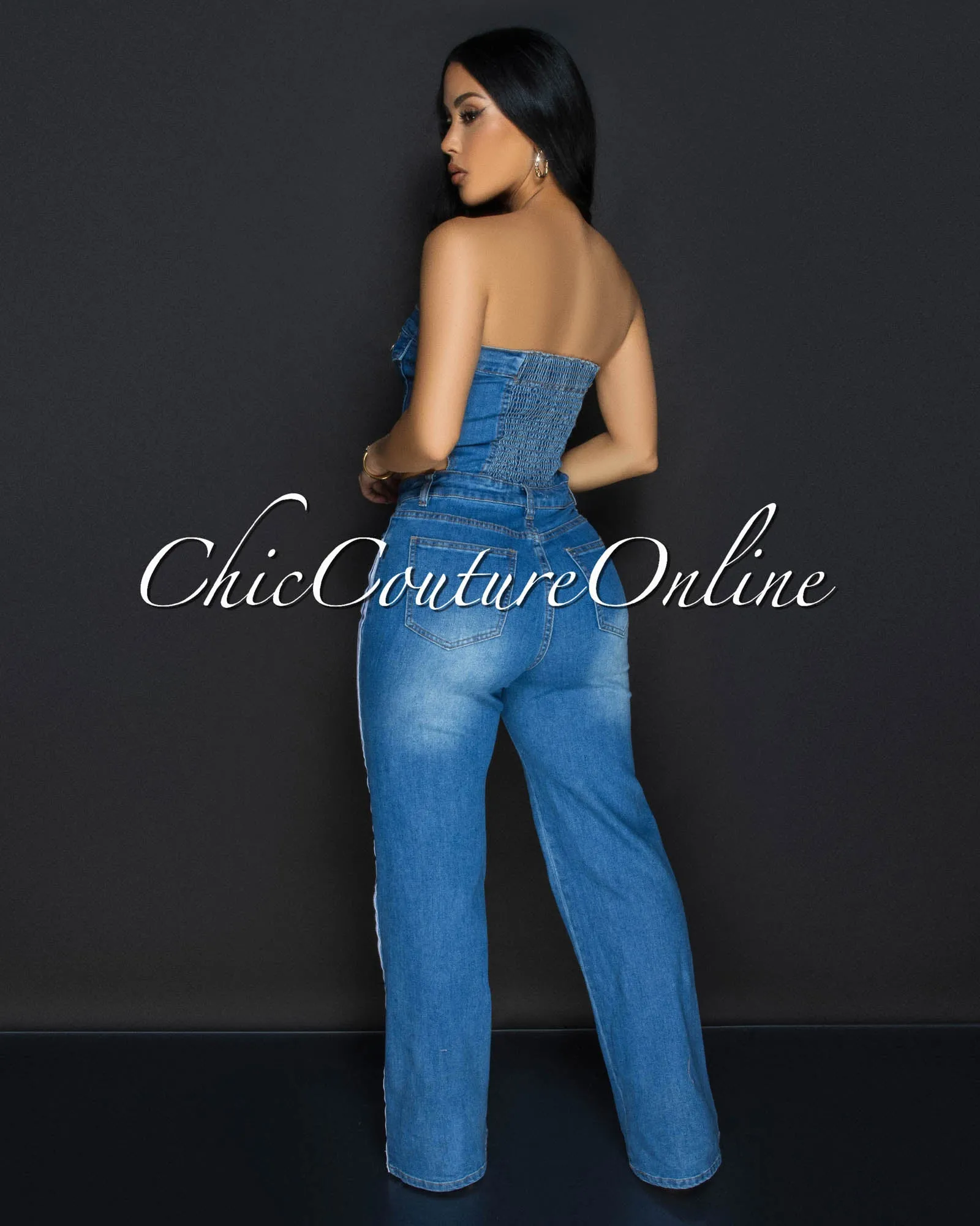 Gemine Denim White Stripes Strapless Jumpsuit sold by Chic Couture product image thumbnail 4