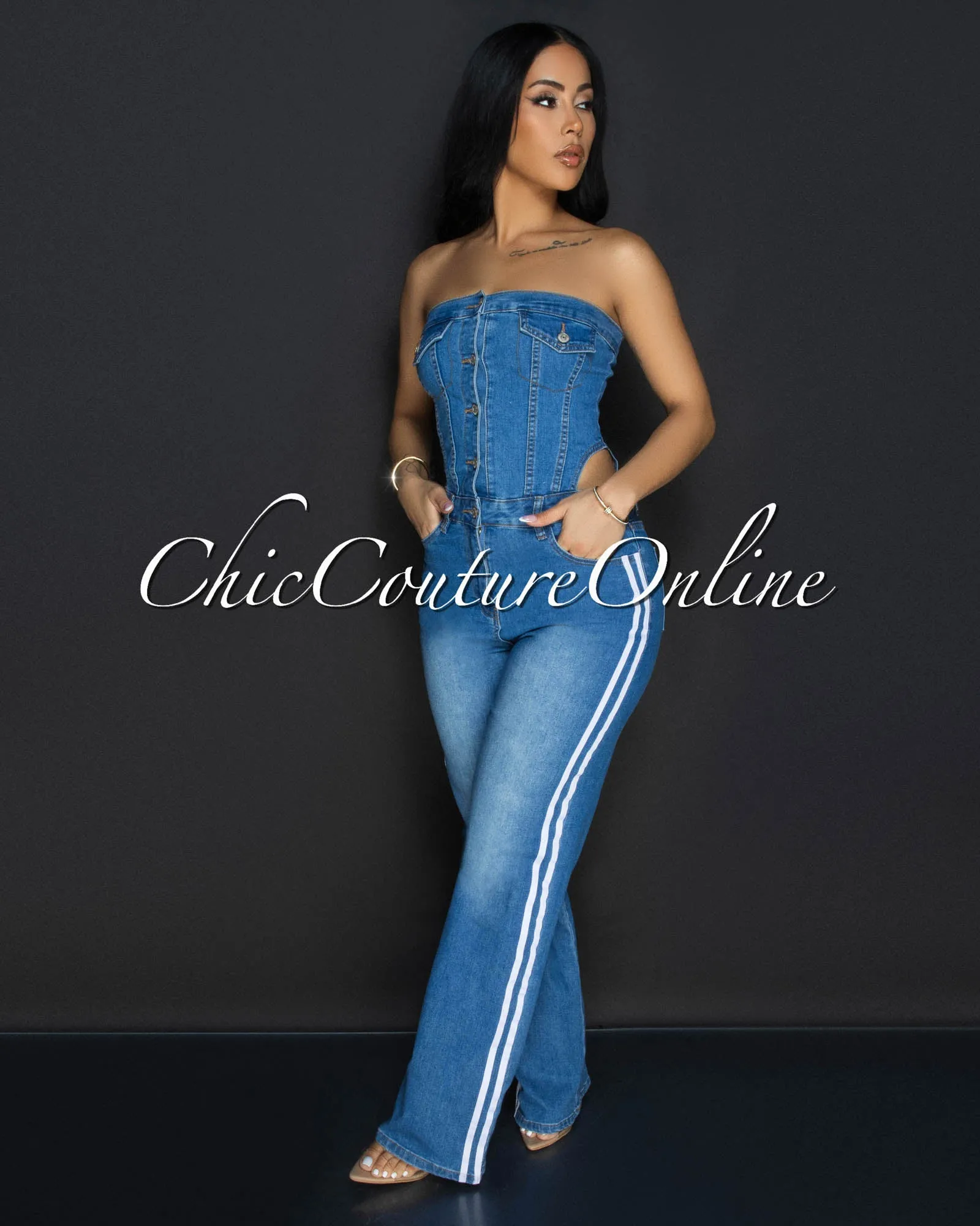 Gemine Denim White Stripes Strapless Jumpsuit sold by Chic Couture product image thumbnail 3