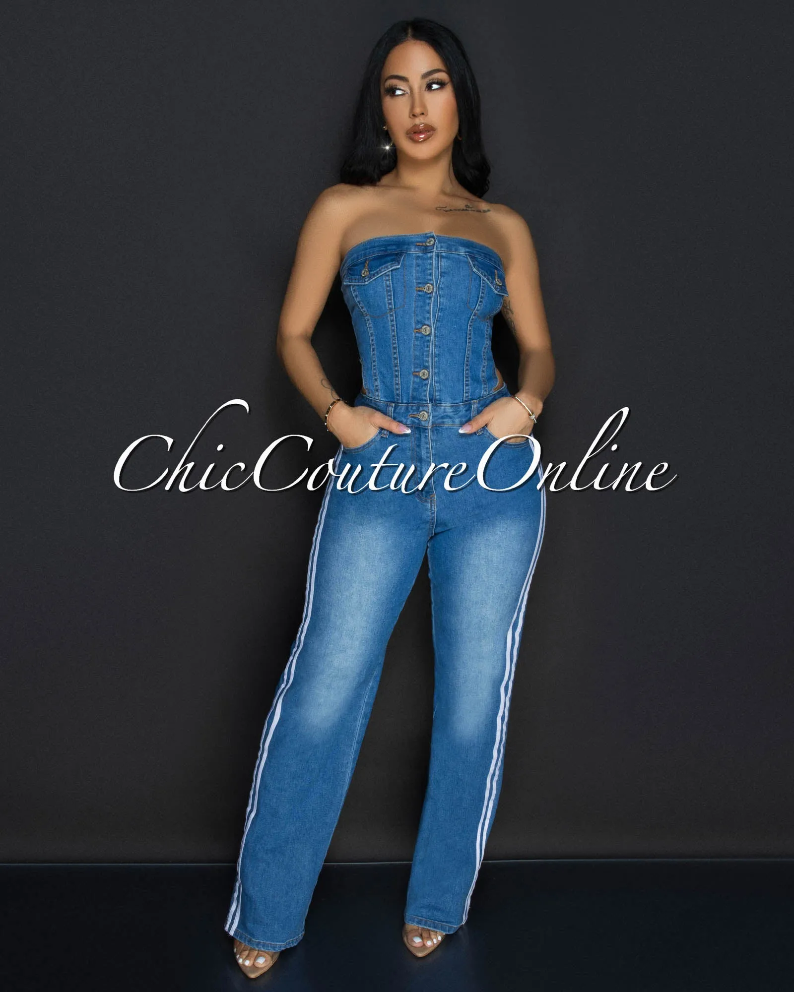 Gemine Denim White Stripes Strapless Jumpsuit sold by Chic Couture