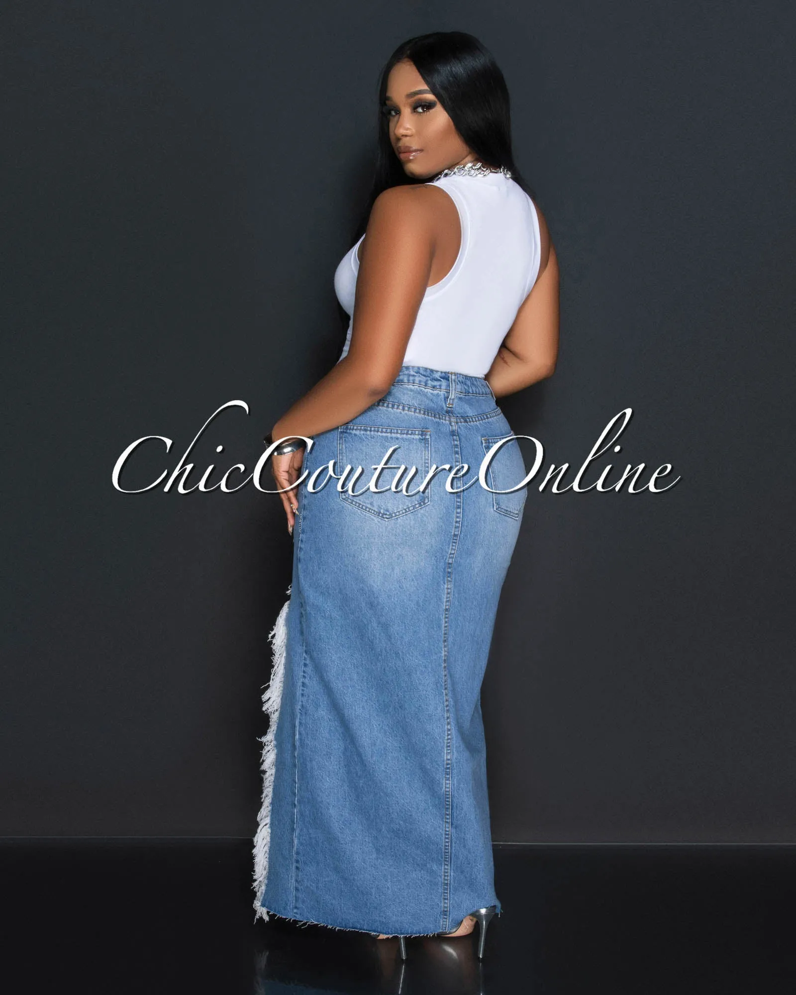 *Caracas Light Blue Denim Distressed Fringe Maxi Skirt sold by Chic Couture product image thumbnail 3