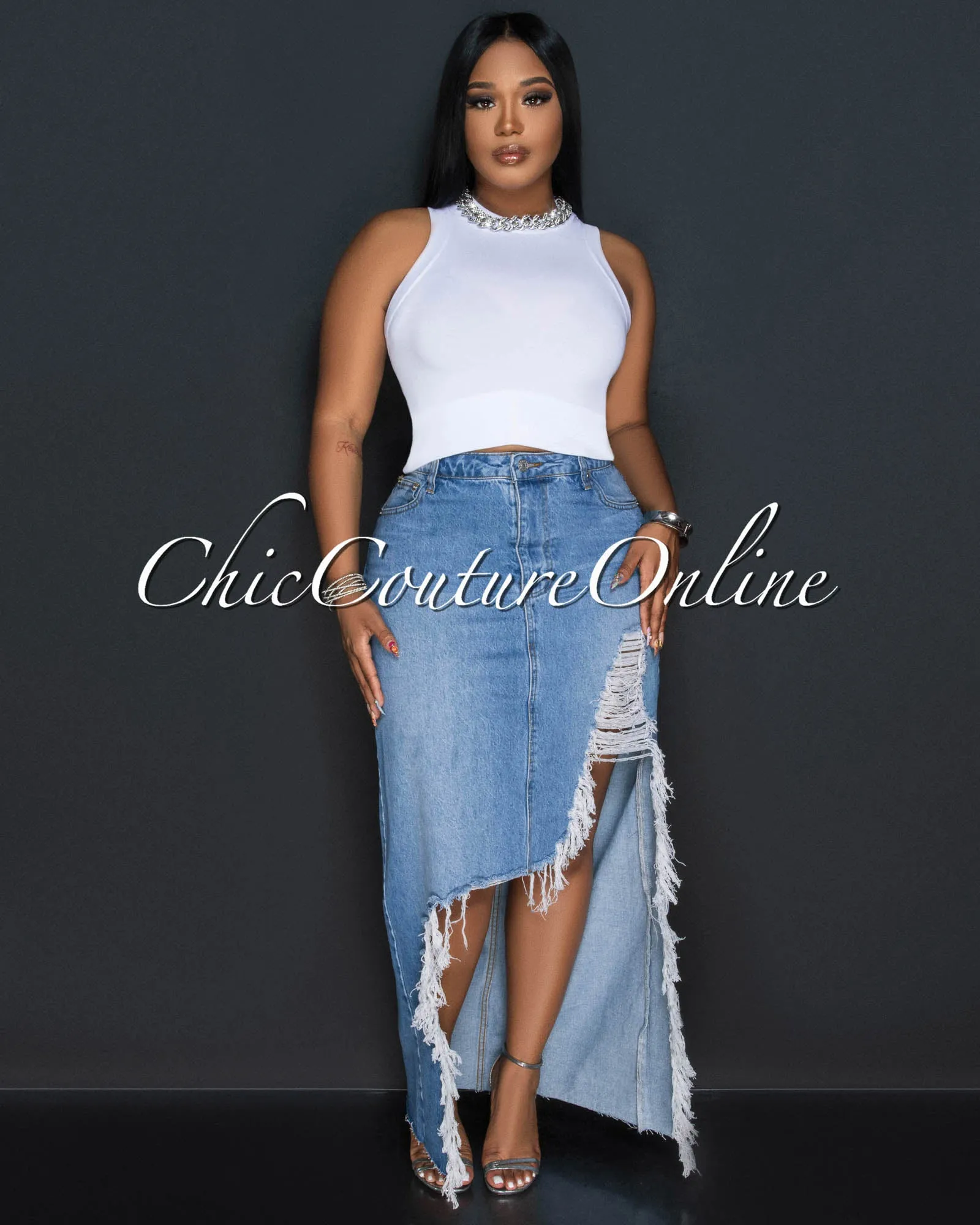 *Caracas Light Blue Denim Distressed Fringe Maxi Skirt sold by Chic Couture product image thumbnail 2