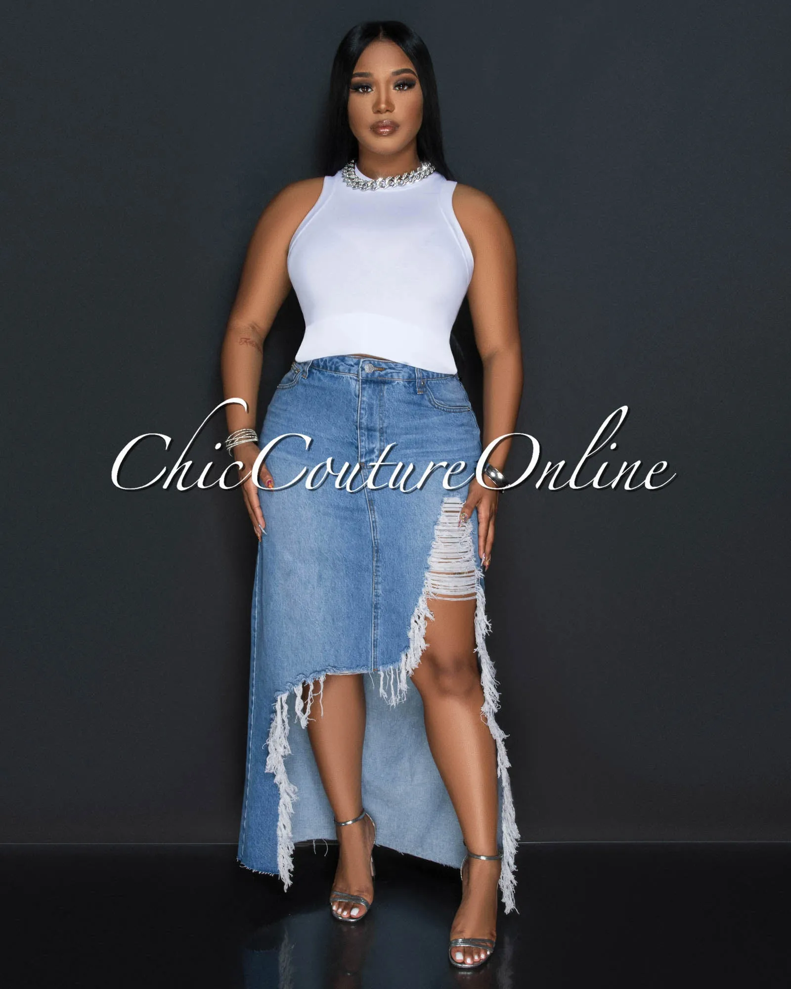 *Caracas Light Blue Denim Distressed Fringe Maxi Skirt sold by Chic Couture