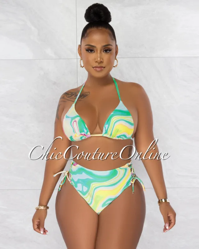 *Clark Green Retro Print Halter Two Piece Bikini Set sold by Chic Couture