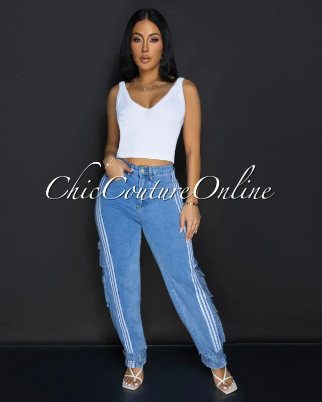Ash Light Denim Stripes Wide Cargo Jeans sold by Chic Couture