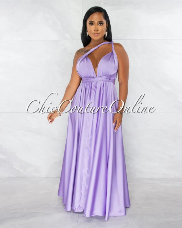 Lorenie Lilac Deep-V Multi-Way High Slits Silky Maxi Dress sold by chic