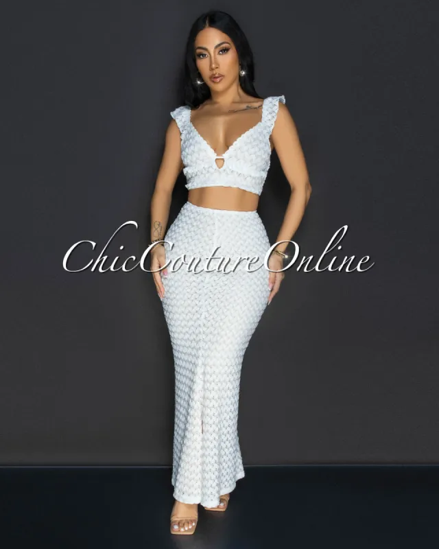 Miu Off-White Lace Ruffle Top & Skirt Two Piece Set sold by Chic Couture