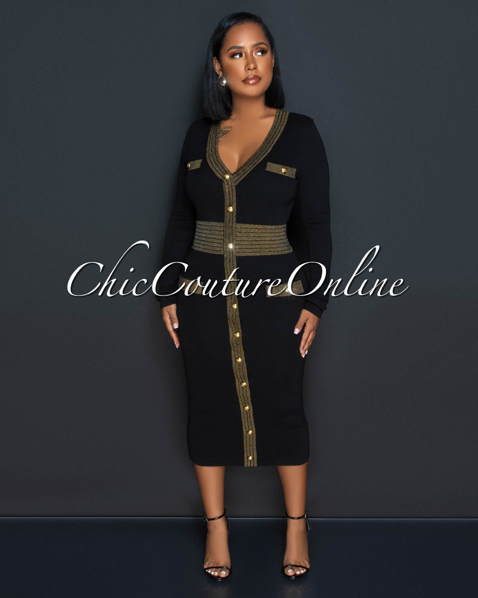 Dunia Black Gold Shimmer Ribbed Midi Dress sold by Chic Couture product image thumbnail 2