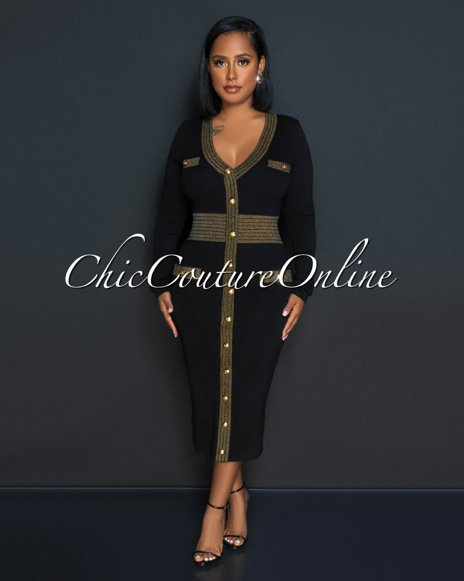 Dunia Black Gold Shimmer Ribbed Midi Dress sold by Chic Couture
