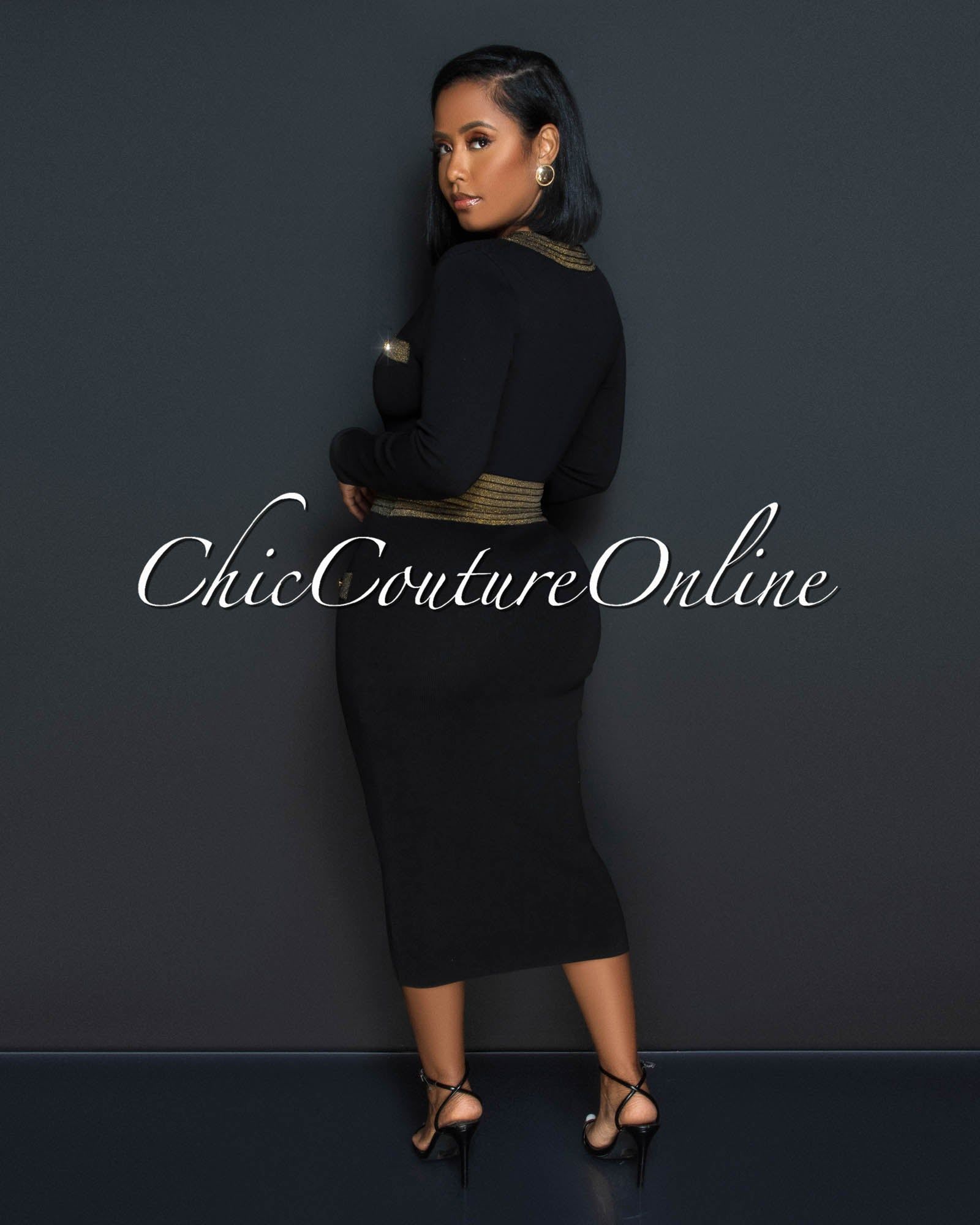 Dunia Black Gold Shimmer Ribbed Midi Dress sold by Chic Couture product image thumbnail 4