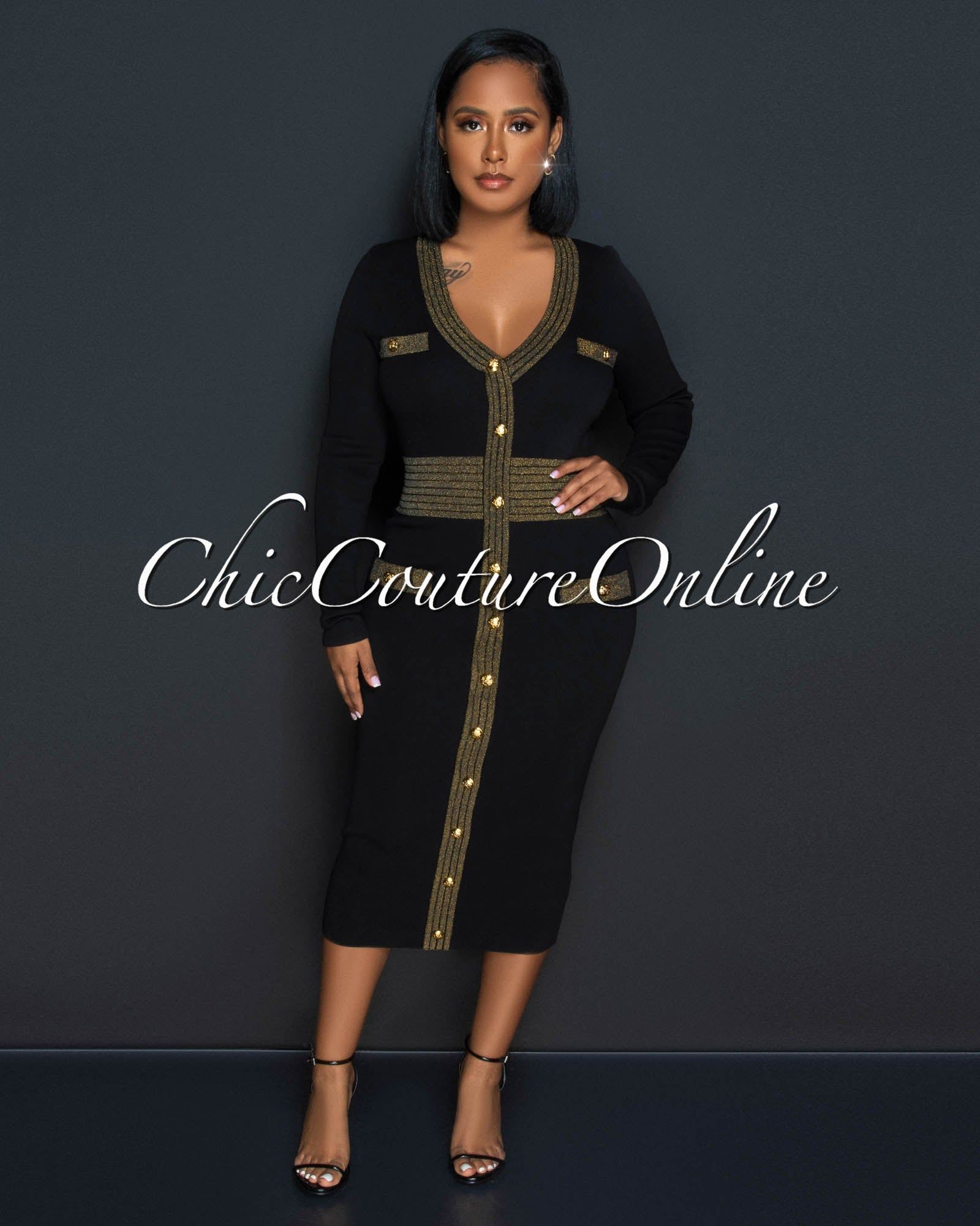 Dunia Black Gold Shimmer Ribbed Midi Dress sold by Chic Couture product image thumbnail 3