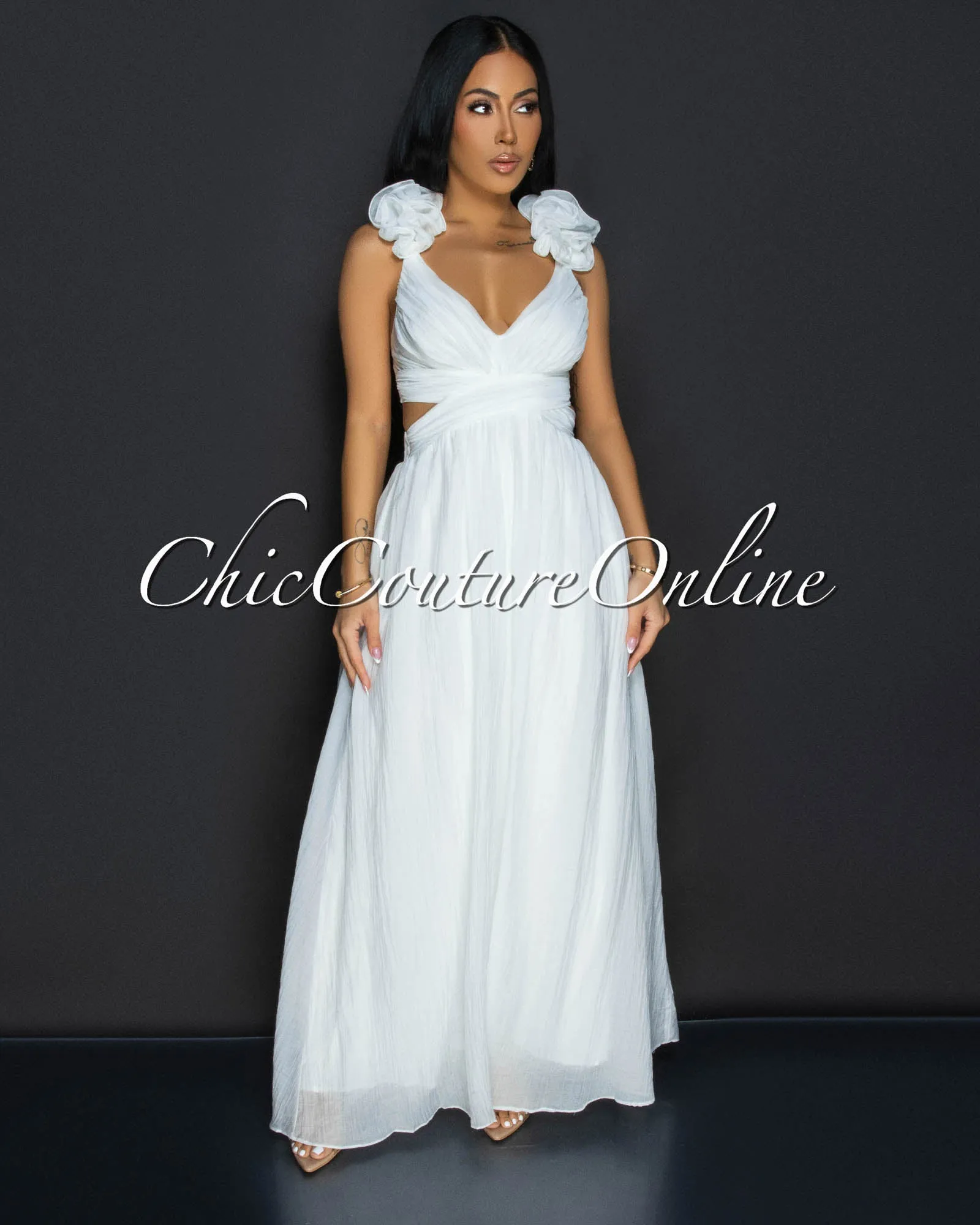 *Cianna White Ruffle Lace-Up Back Maxi Dress sold by Chic Couture