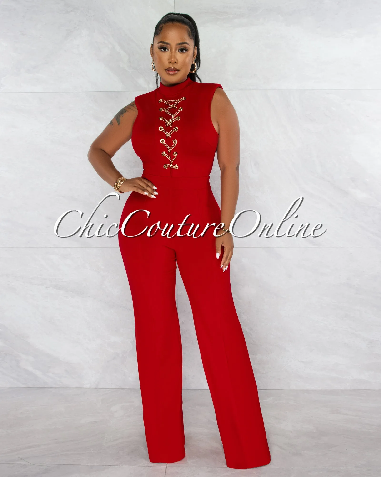 *Brandy Red Gold Link Lace-Up Jumpsuit sold by Chic Couture