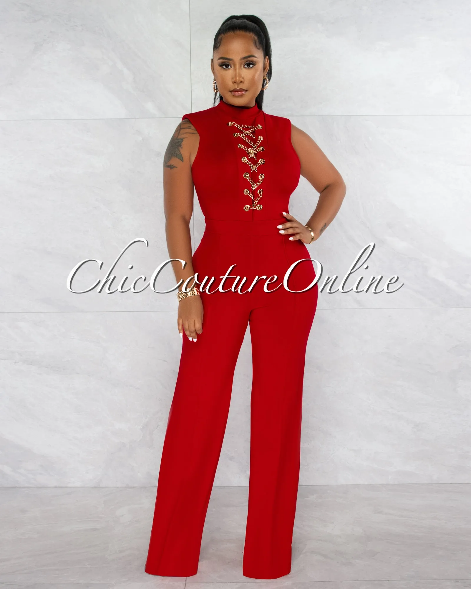 *Brandy Red Gold Link Lace-Up Jumpsuit sold by Chic Couture product image thumbnail 2