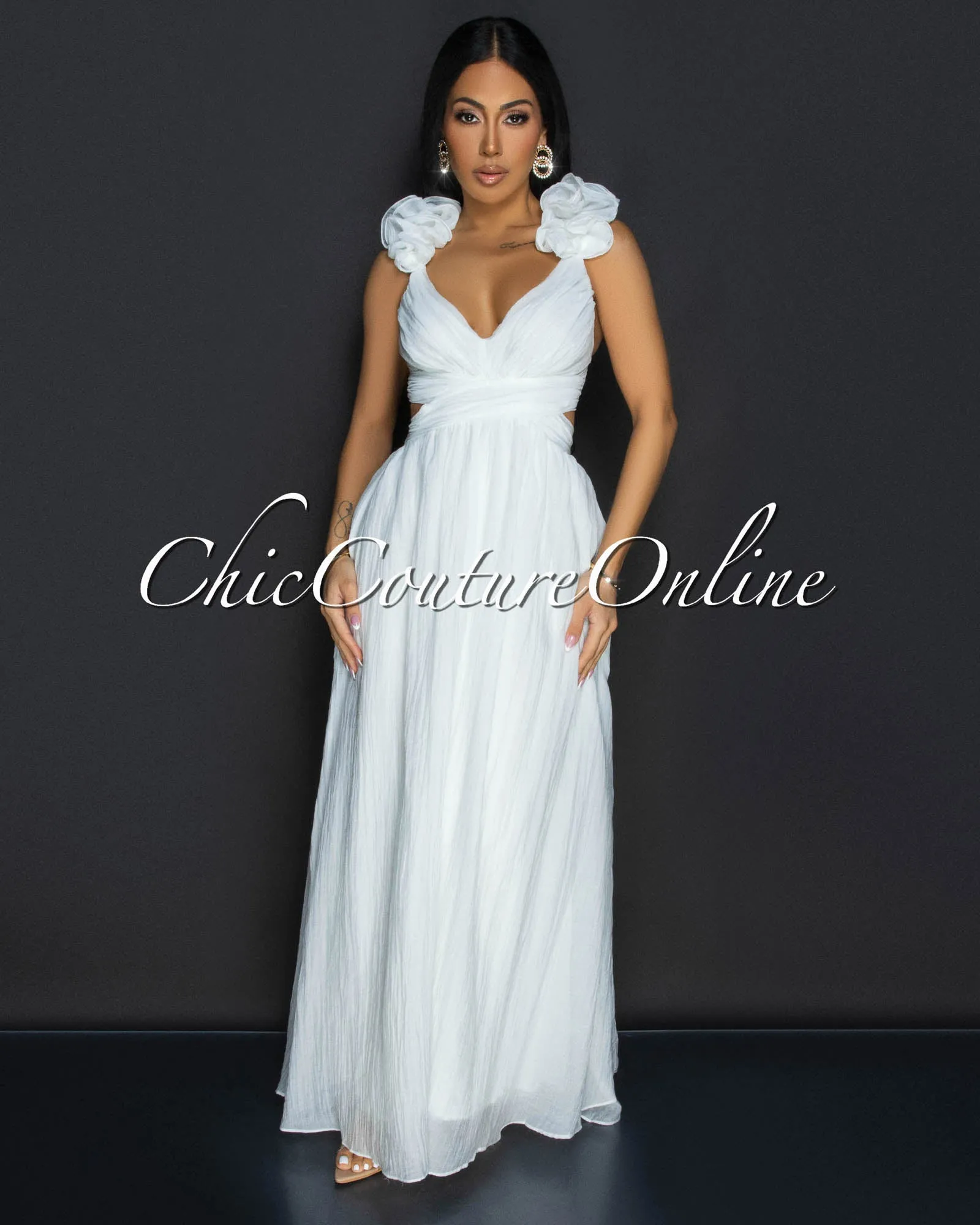 *Cianna White Ruffle Lace-Up Back Maxi Dress sold by Chic Couture product image thumbnail 2