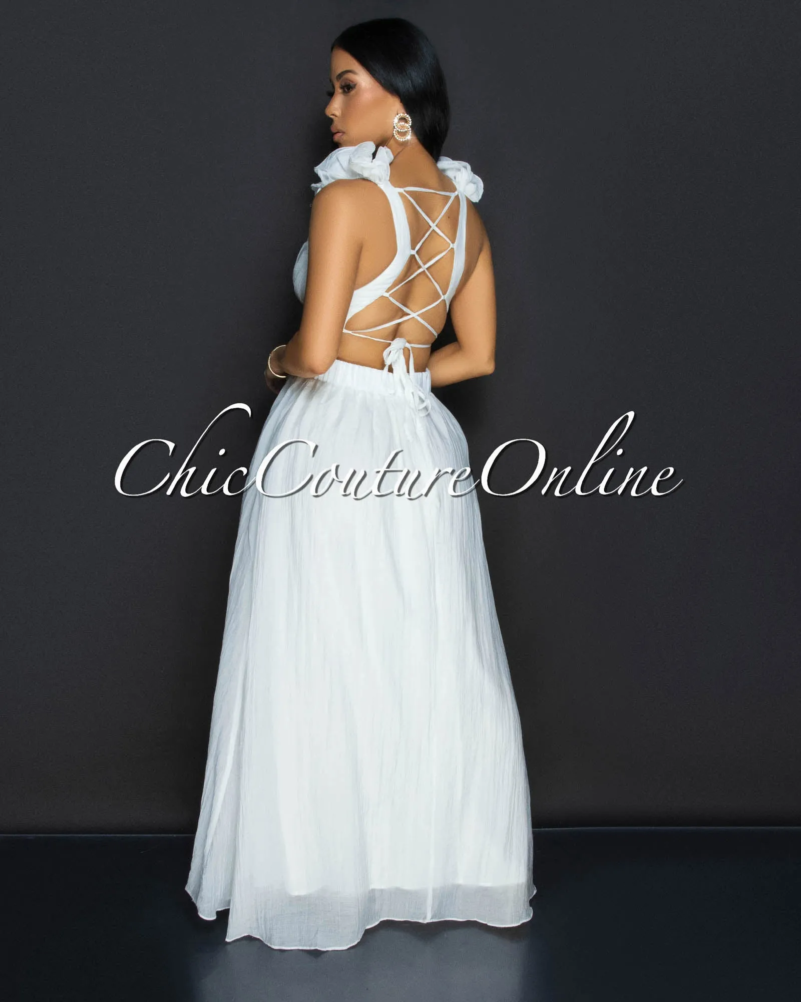 *Cianna White Ruffle Lace-Up Back Maxi Dress sold by Chic Couture product image thumbnail 3