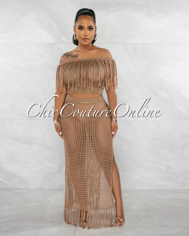 *Jocelin Mocha Crop Top & Crochet Cover-Up Maxi Skirt Set sold by Chic Couture