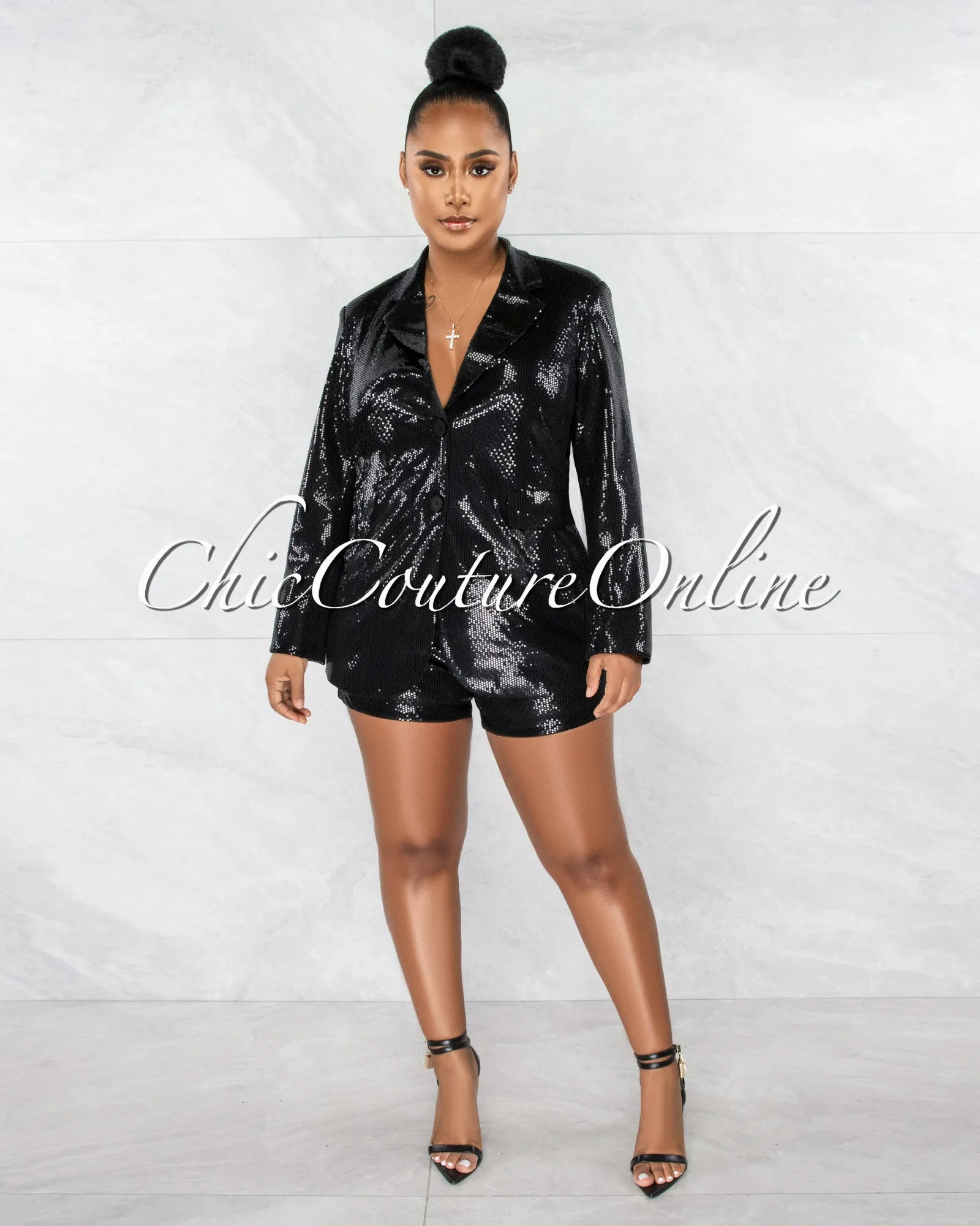 *Suzu Black Sequins Oversized Blazer & Shorts Set sold by Chic Couture product image thumbnail 2