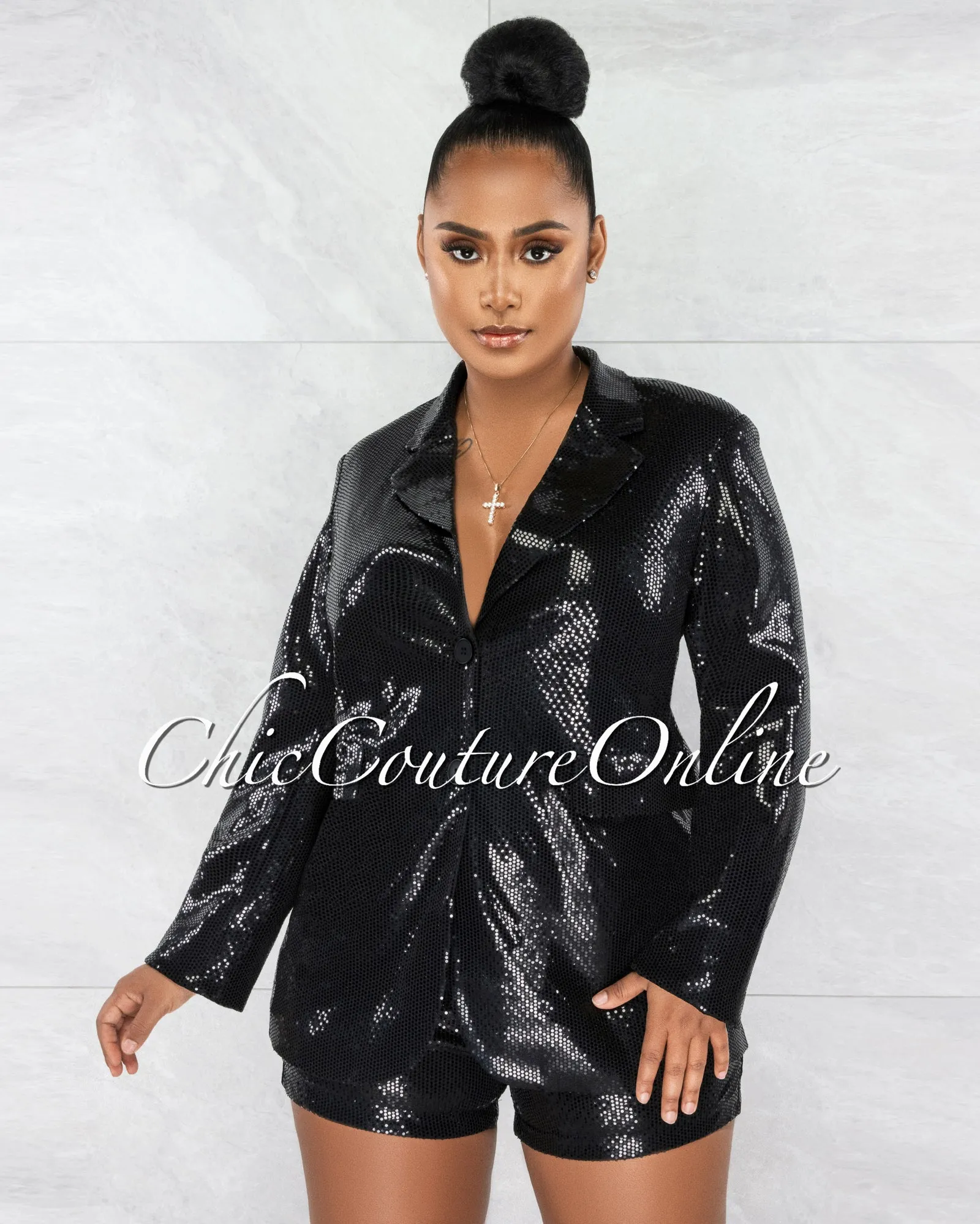 *Suzu Black Sequins Oversized Blazer & Shorts Set sold by Chic Couture
