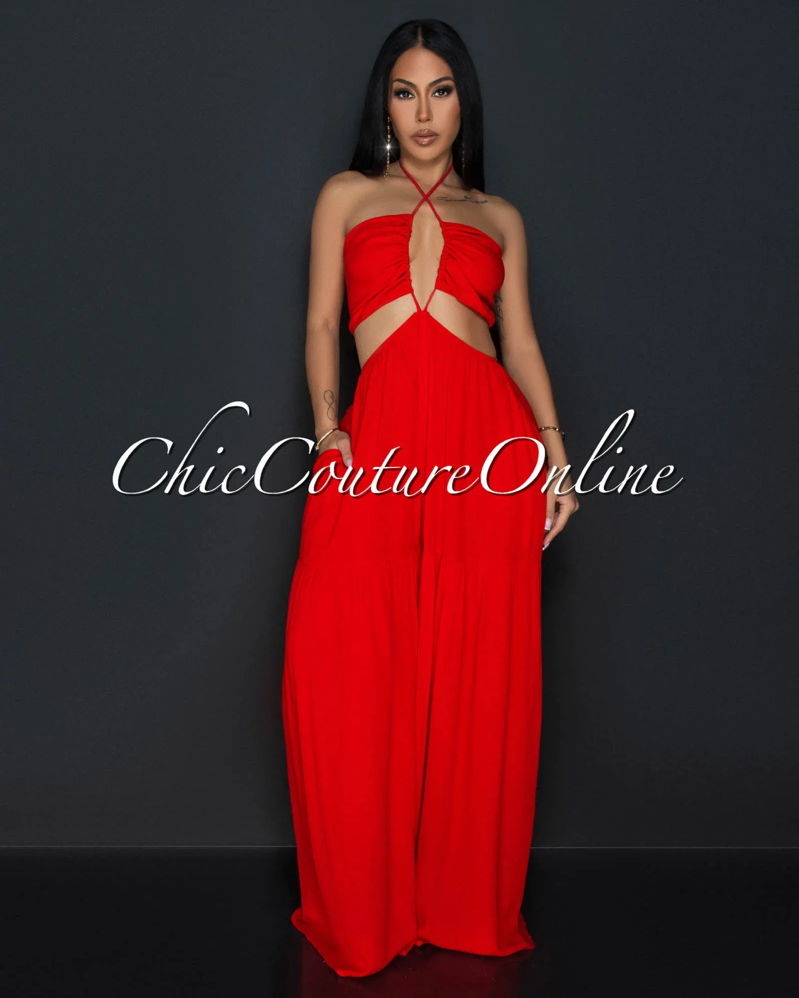 Olea Red Halter Cut-Out Widelegs Jumpsuit sold by Chic Couture