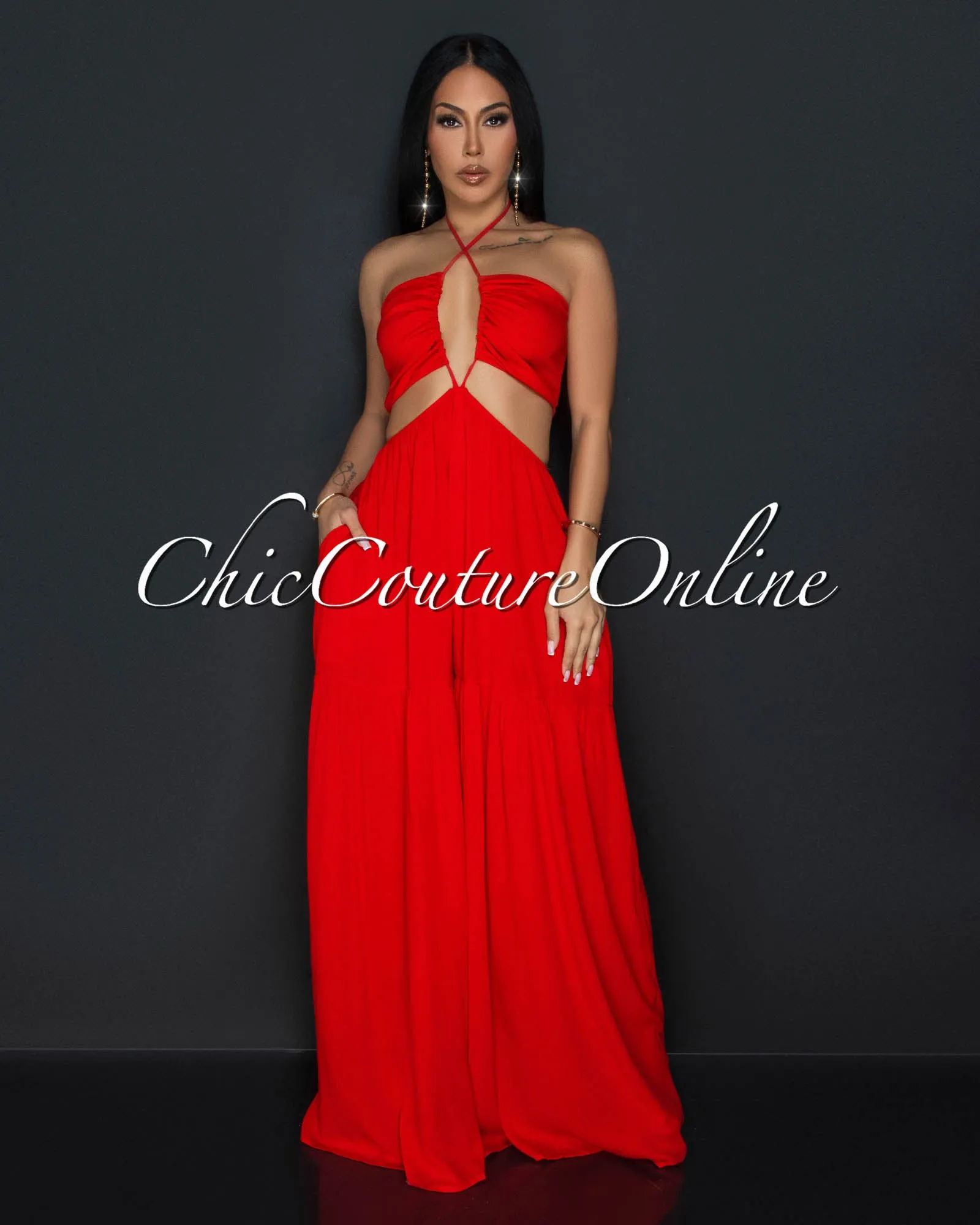 Olea Red Halter Cut-Out Widelegs Jumpsuit sold by Chic Couture product image thumbnail 3