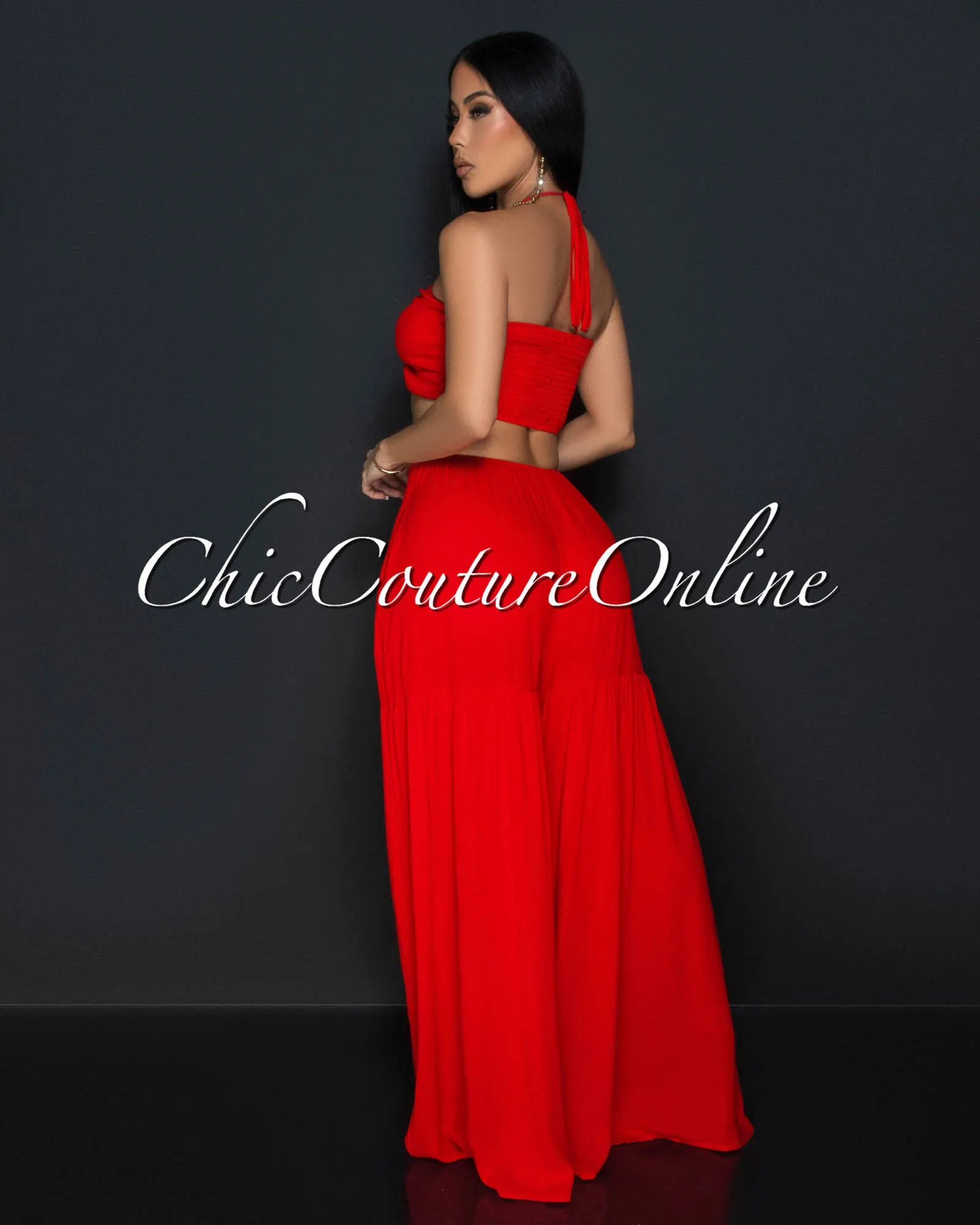 Olea Red Halter Cut-Out Widelegs Jumpsuit sold by Chic Couture product image thumbnail 4