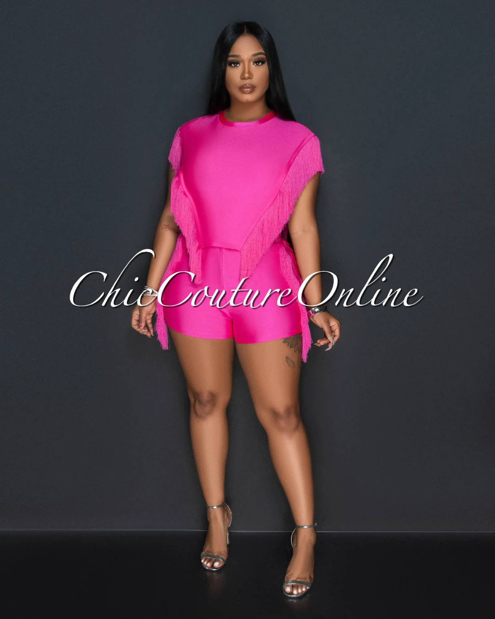 Arturo Fuchsia Fringe Open Sides Top & Shorts Set sold by Chic Couture product image thumbnail 2