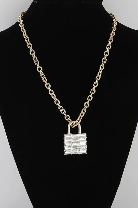 Jaden Gold Bulky Lock Pendant Chain Necklace sold by Chic Couture