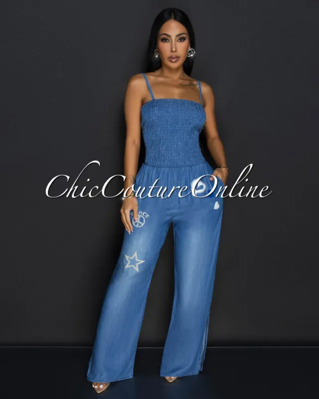 Bayna Dark Denim Glitter Design Smocked Top Widelegs Jumpsuit sold by Chic Couture