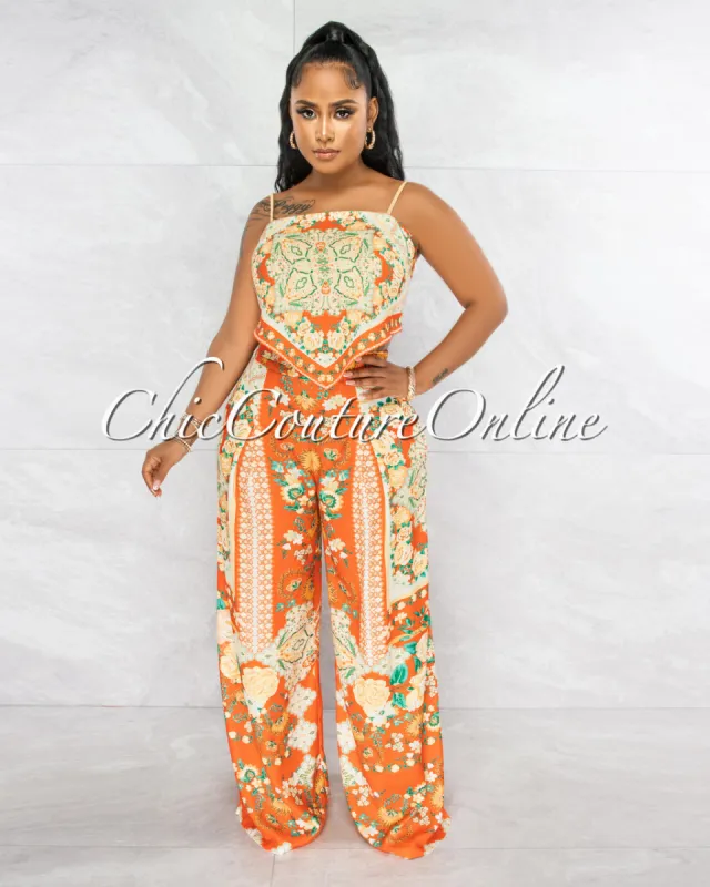 *Crevan Orange Multi-Color Print Top & Wide Pants Set sold by Chic Couture