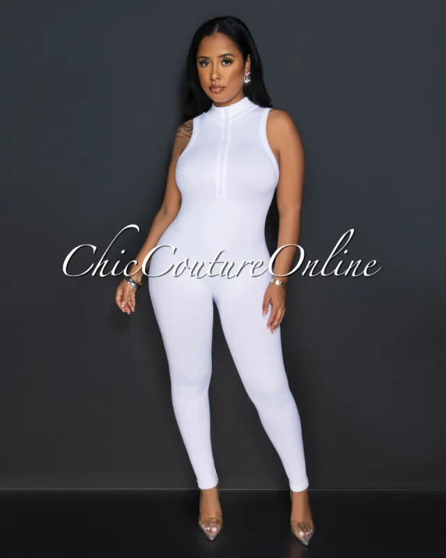 Lavia White Front Zipper BodyCon Ribbed Jumpsuit sold by Chic Couture