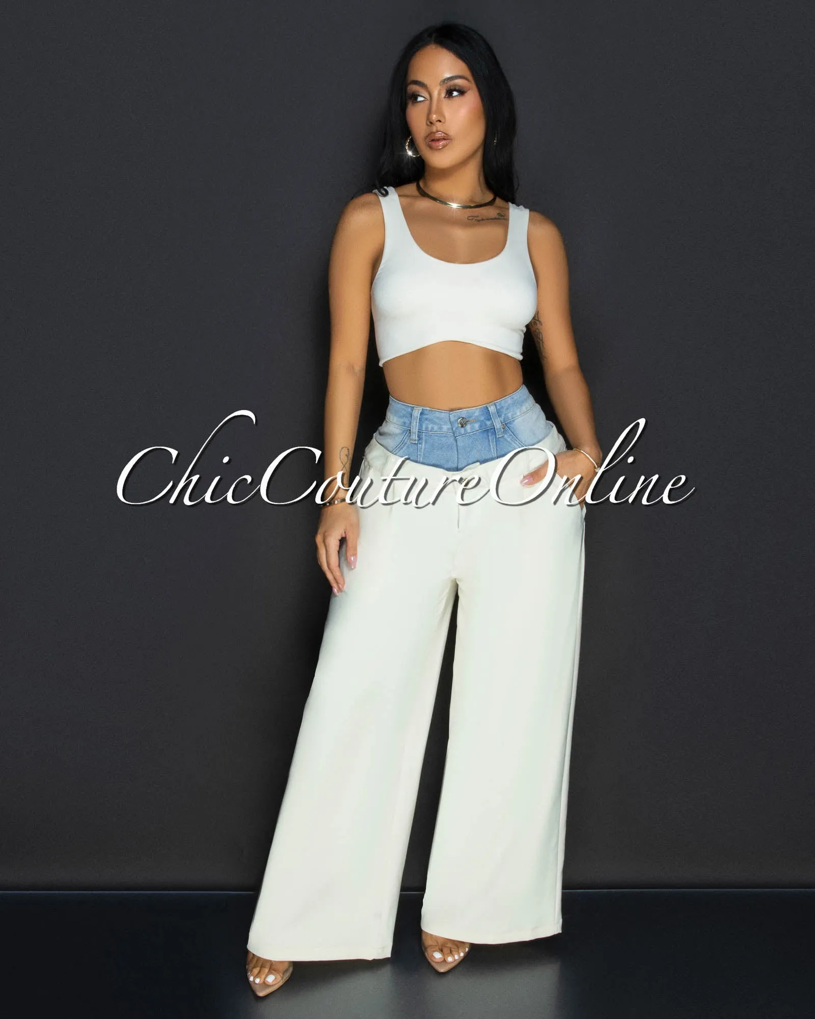 Kellin Denim Cream Wide Legs Pants sold by Chic Couture