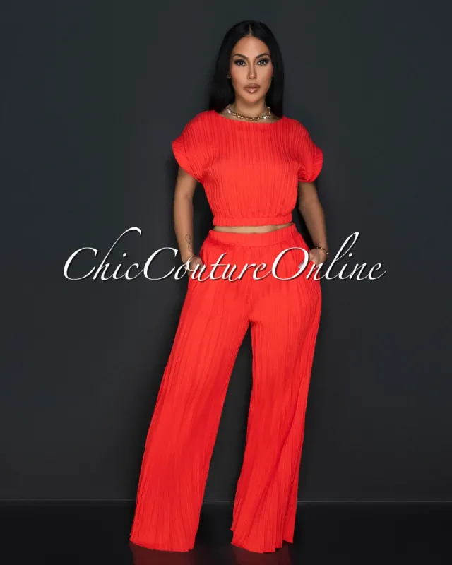 Gena Orange Crop Top & Wide Pants Textured Set sold by Chic Couture