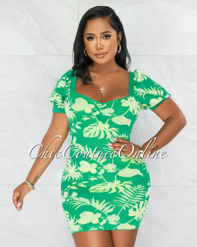 *Killeen Green Leaf Print Knit Mini Dress sold by Chic Couture