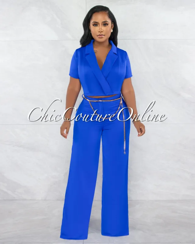 *Horatio Royal Blue Crop & Wide Pants Gold Link Belt Set sold by Chic Couture