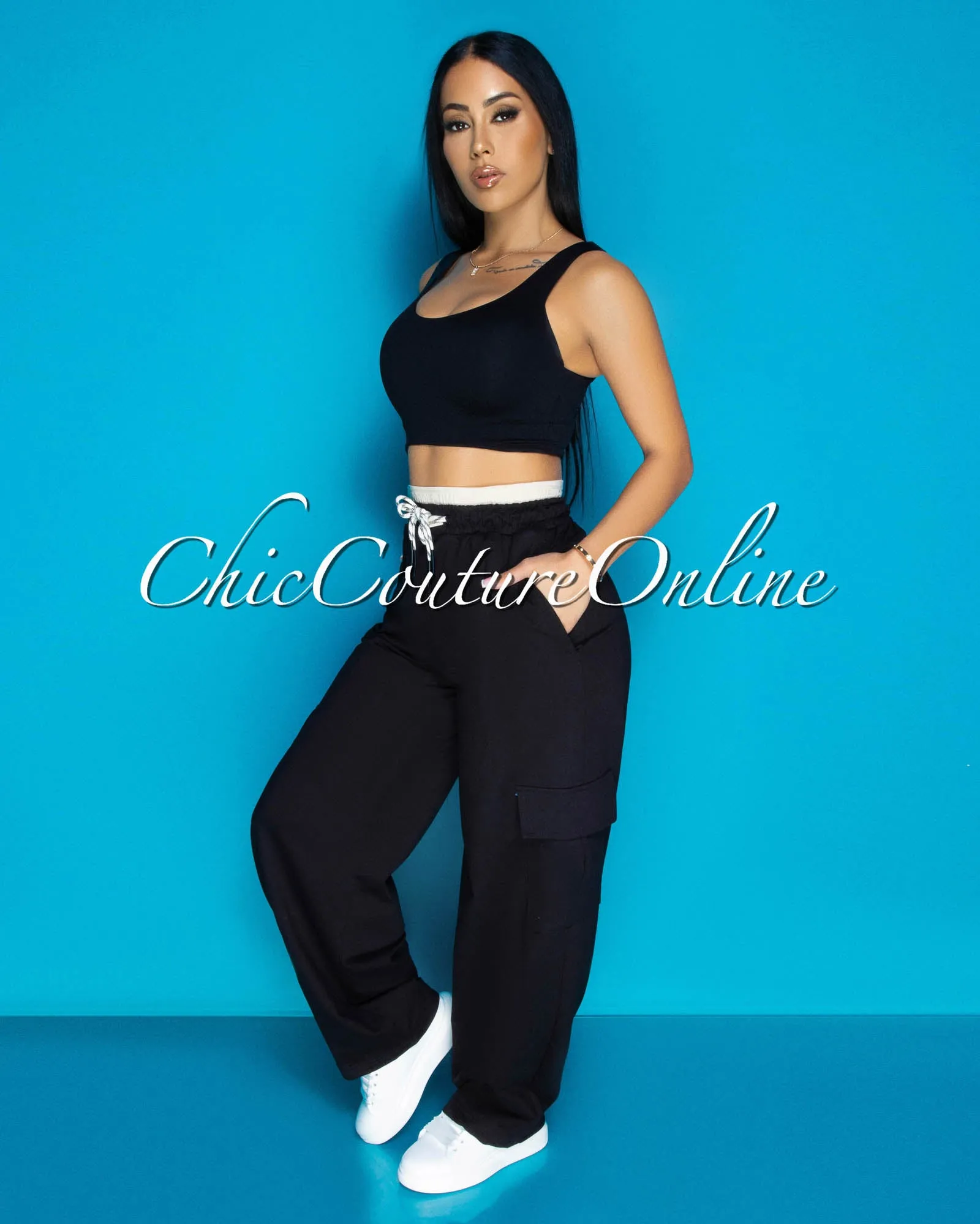 Rubin Black Beige Cargo Sweatpants sold by Chic Couture