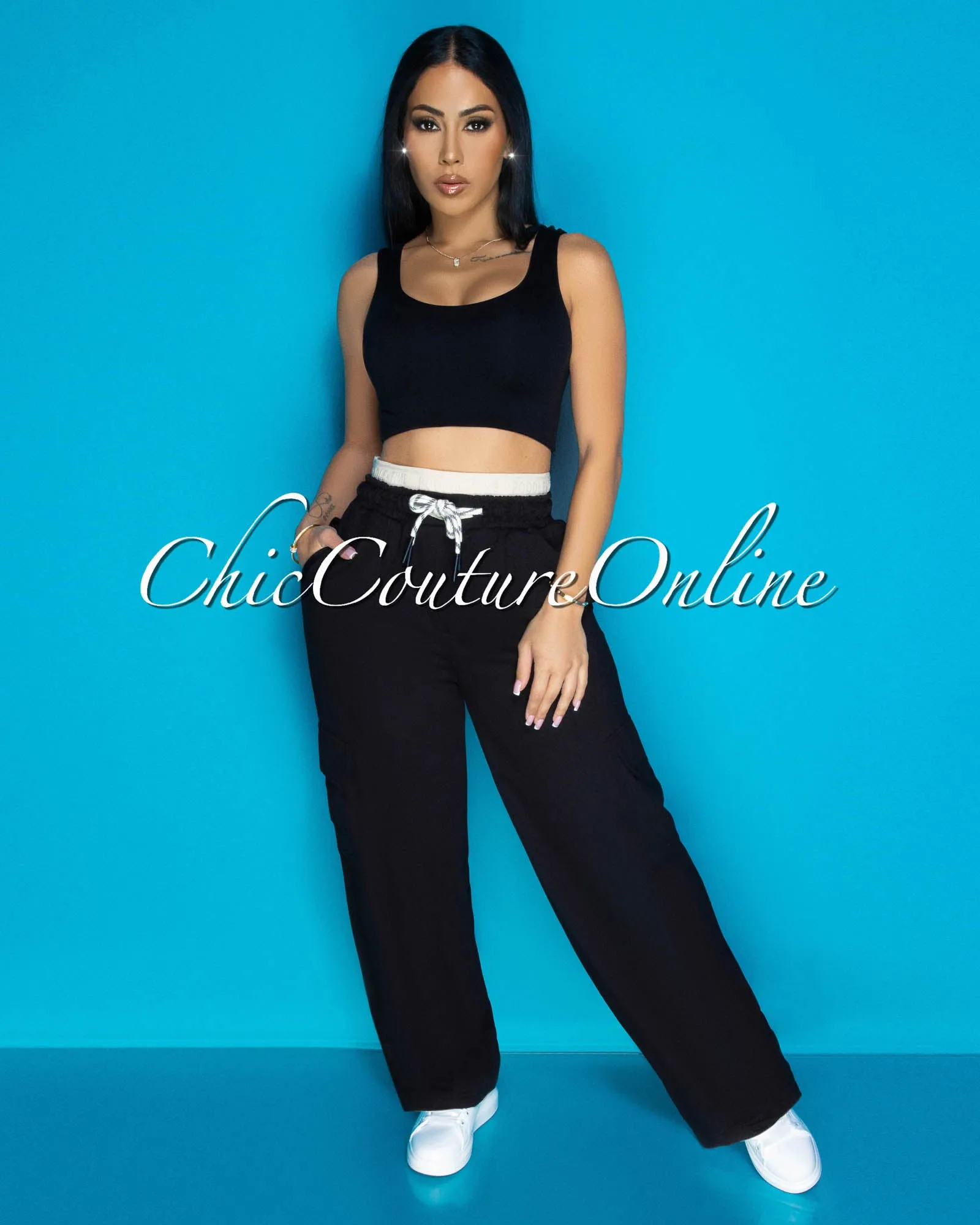 Rubin Black Beige Cargo Sweatpants sold by Chic Couture product image thumbnail 2