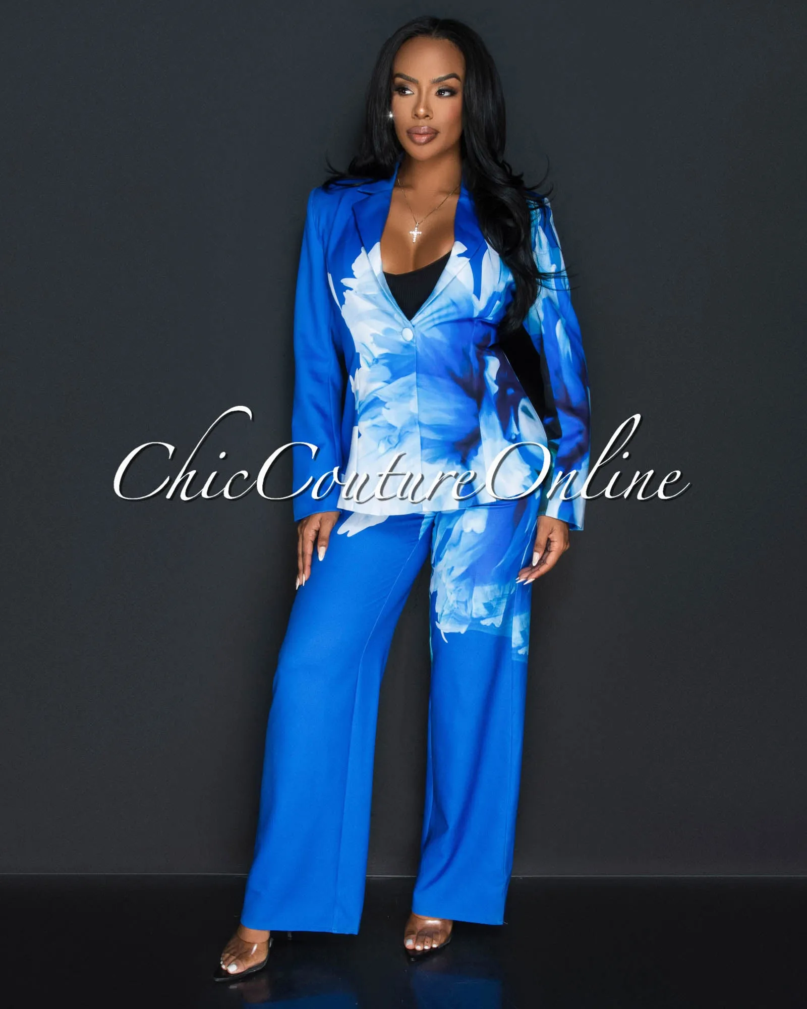 *Rena Blue White Floral Print Blazer & Wide Pants Set sold by Chic Couture product image thumbnail 2